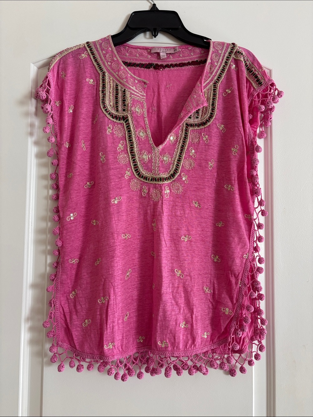 Calypso St. Barth Hot Pink Jeweled Embroidered V-Neck Tunic